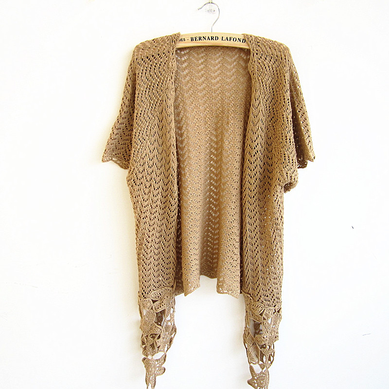 【日本原单镂空手钩<em>下摆流苏</em>中长款<em>针织开衫</em> 