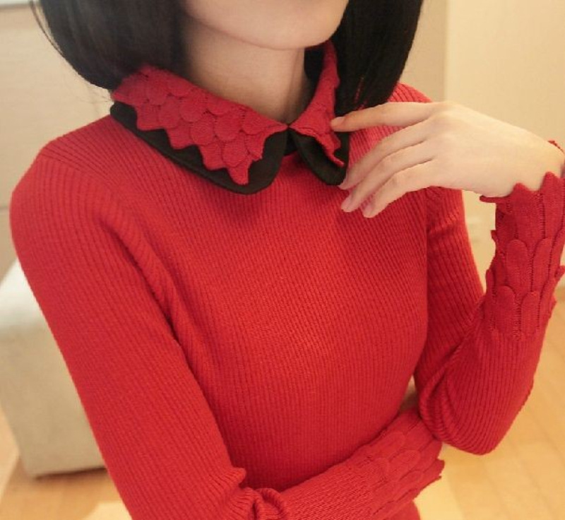秋冬新款韩版女装翻领中<em>长款</em>修身<em>娃娃领</em>针织打