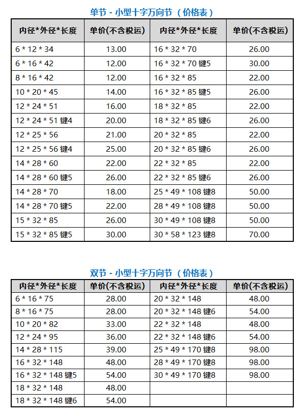 萬向節價格表新