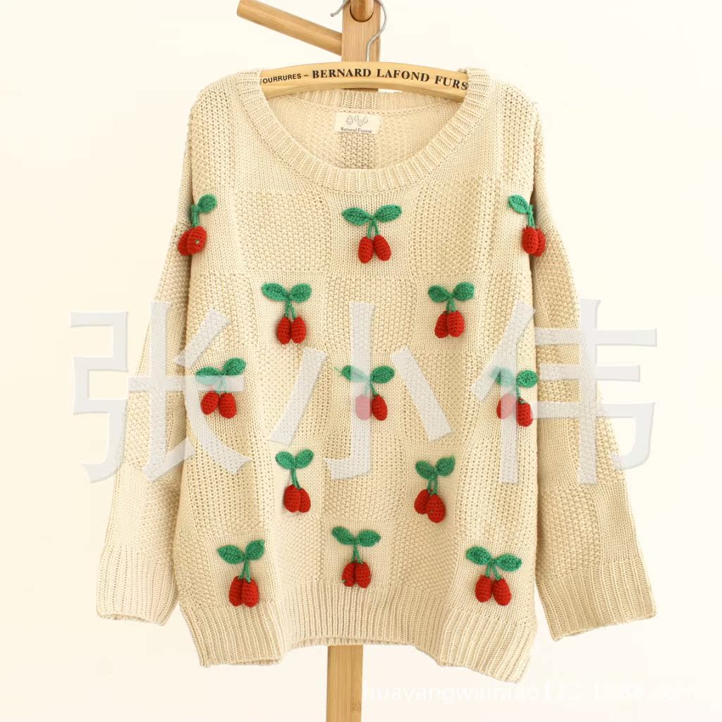 森林系重工手工钩织樱桃<em>圆领毛衣</em> 复古<em>圆领毛</em>