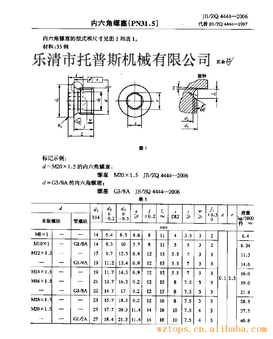 jb/zq4444 内六角螺塞 m27x2(内六角堵头)