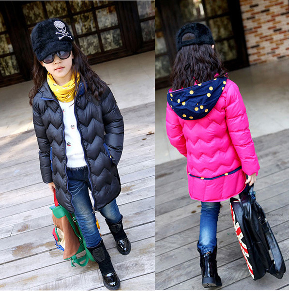 中大<em>女童装</em>棉衣冬季儿童棉袄中长款波点帽加厚