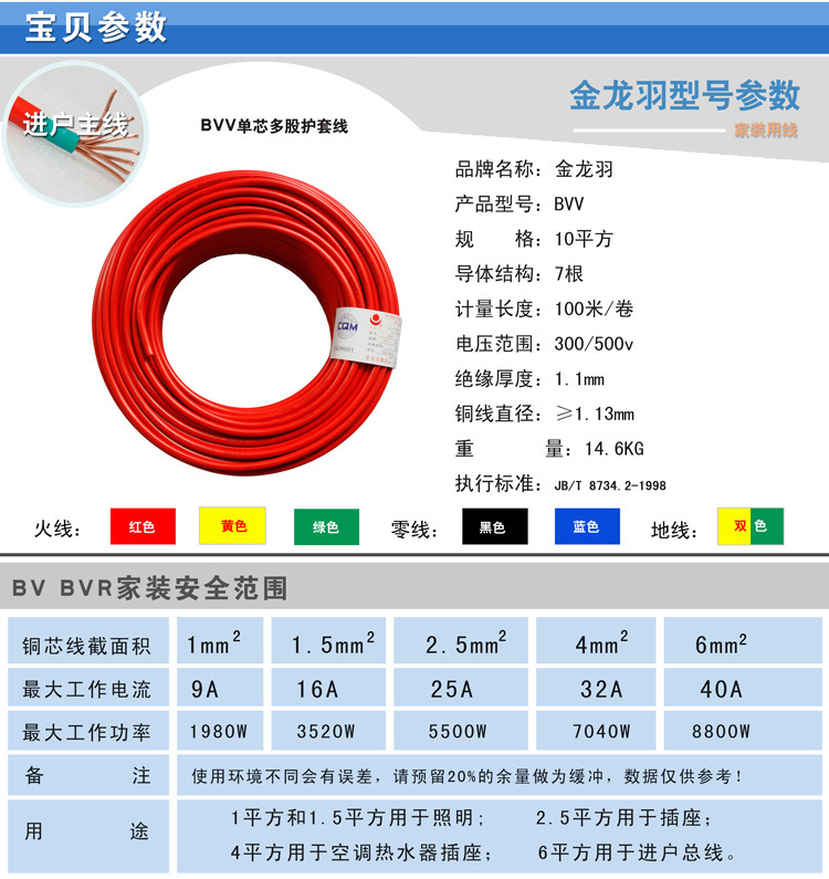 金龙羽电线电缆10平方单芯线 bvv双胶护套线