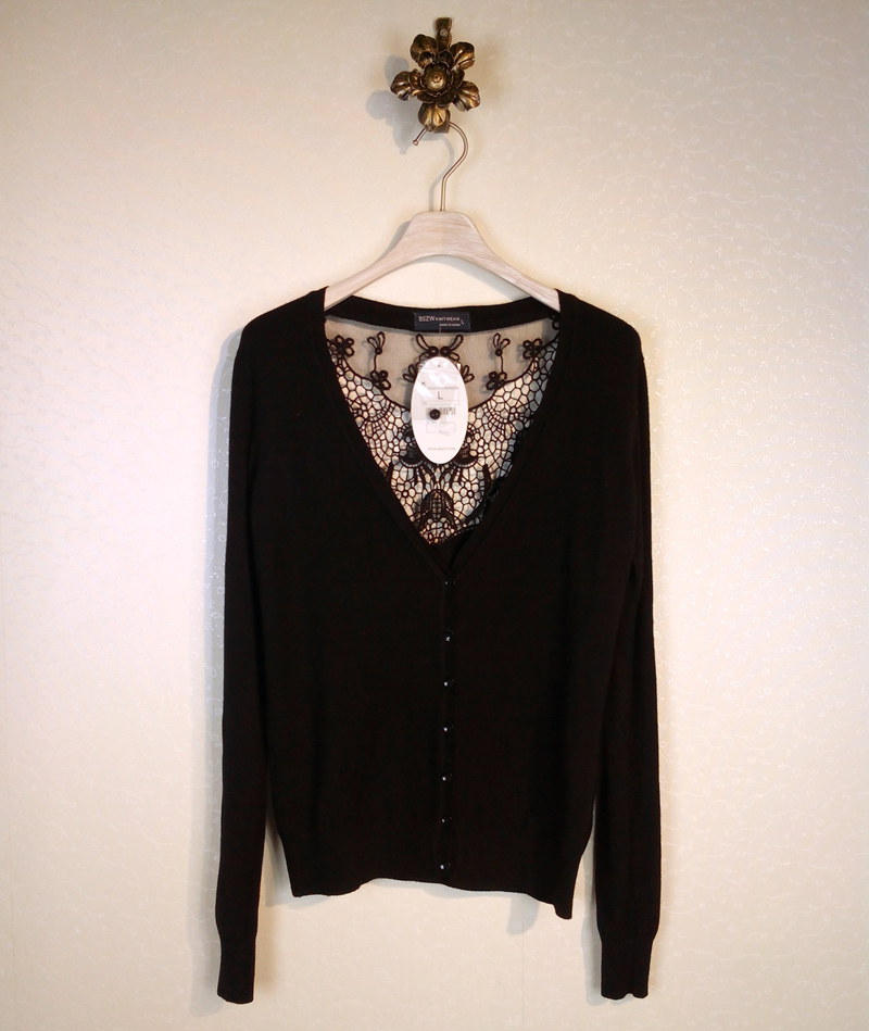 爆款! 春秋新款<em>韩版</em>女装<em>开衫针织</em>衫 背蕾丝镂空