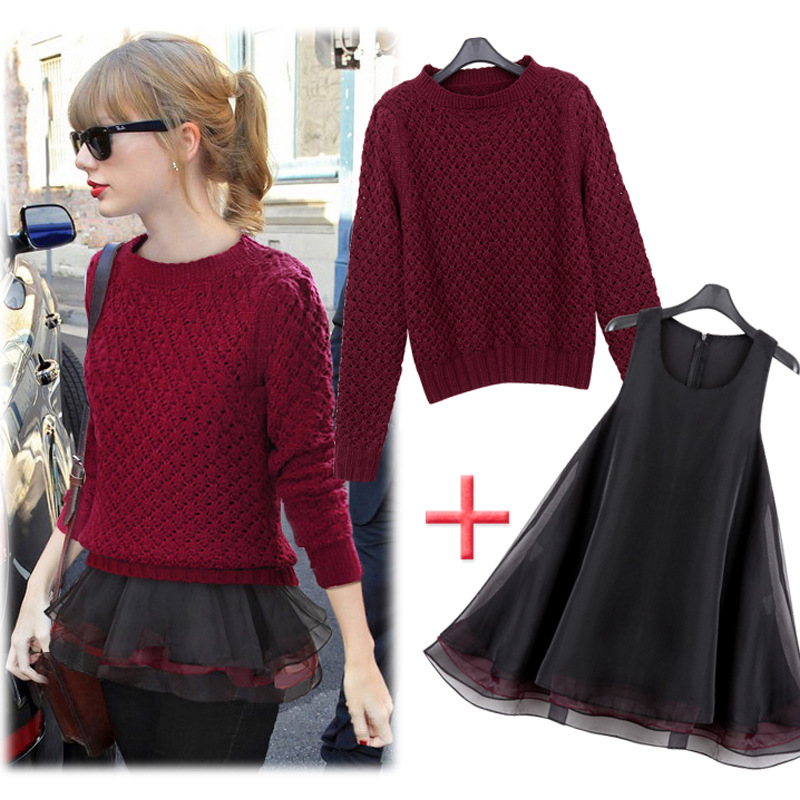 欧美女装<em>新款针织毛衣</em>欧根纱两件套8187 图片