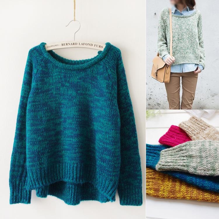 冬季新款 加厚花线<em>韩版</em>前短后<em>长毛衣</em> 复古<em>宽松</em>