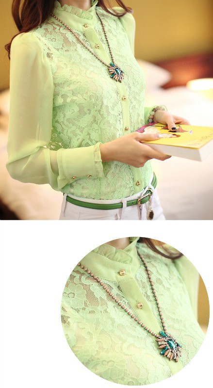 日系风蕾丝拼接镂空<em>长袖衬衫</em>小<em>立领开衫荷叶边</em>