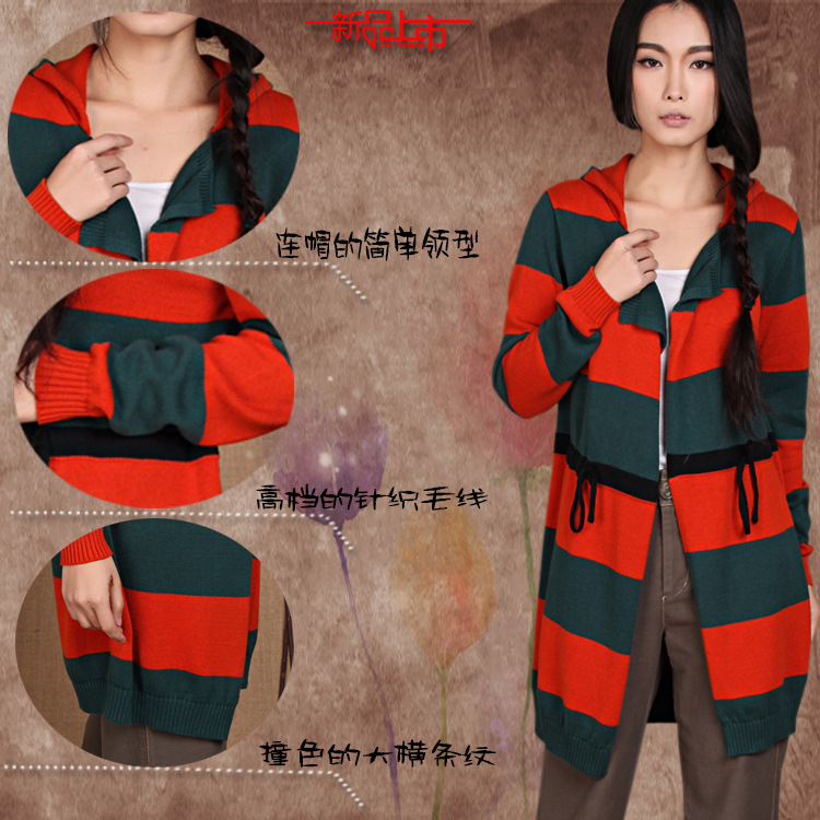【厂家批发!<em>开衫毛衣</em> <em>毛衫</em> 休闲<em>长款</em> <em>连帽</em> 条纹