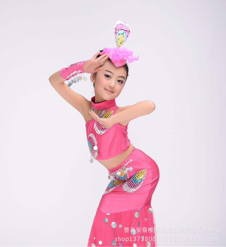 六一儿童演出服装女童幼儿少儿舞蹈裙傣族舞孔雀舞民族表演舞蹈服图片