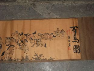 古玩批发仿古长卷字画书法/横幅仿古画长卷绢画 百鸟图 已装裱