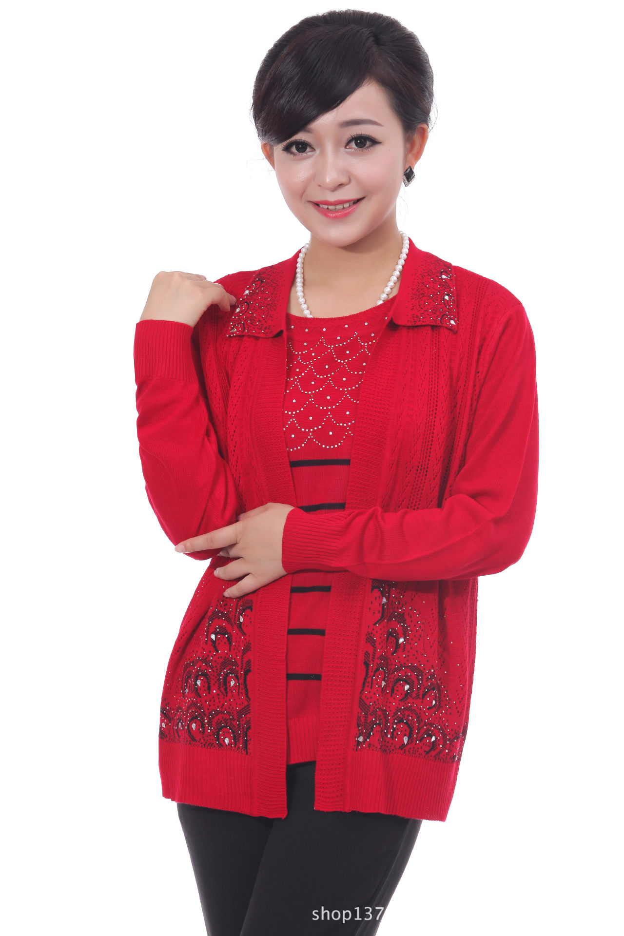 【2013<em>中老年</em>女士<em>毛衣</em> 时尚长袖时尚<em>两件套</em> 春