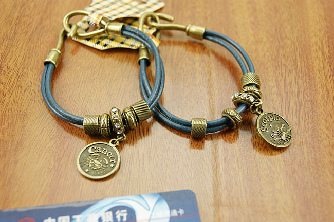 1663 十二星座圆硬皮绳手链DIY手工制作复古女皮