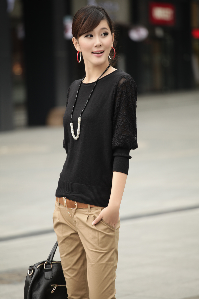 女装套头韩版蕾丝常规款针织打底衫 低领打底毛衣