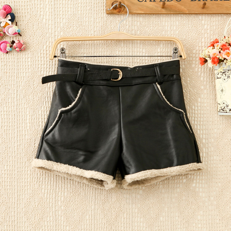 韩版新款加绒<em>短裤</em> PU<em>皮裤</em>热裤配腰带<em>短裤</em> 771