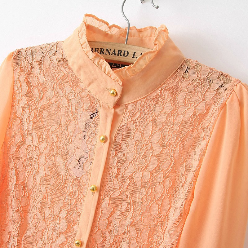 日系风蕾丝拼接镂空<em>长袖衬衫</em>小<em>立领开衫荷叶边</em>