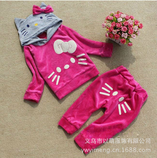 浙江貨源 天鵝絨童裝 Hello Kitty貓兒童套裝 男女童長袖兩件套秋工廠,批發,進口,代購