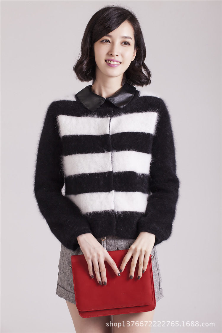 2013<em>女式新款上市</em> 韩版<em>女式开衫</em>条纹修身纯貂