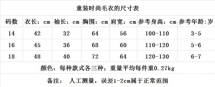 13.8元童裝毛衣的尺寸表