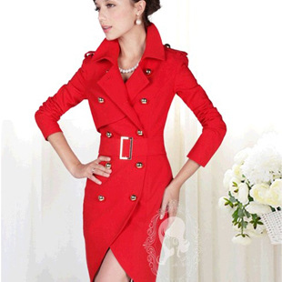 新款女裝紅色雙排扣郁金香修身風衣 緊身長袖大衣 免運費