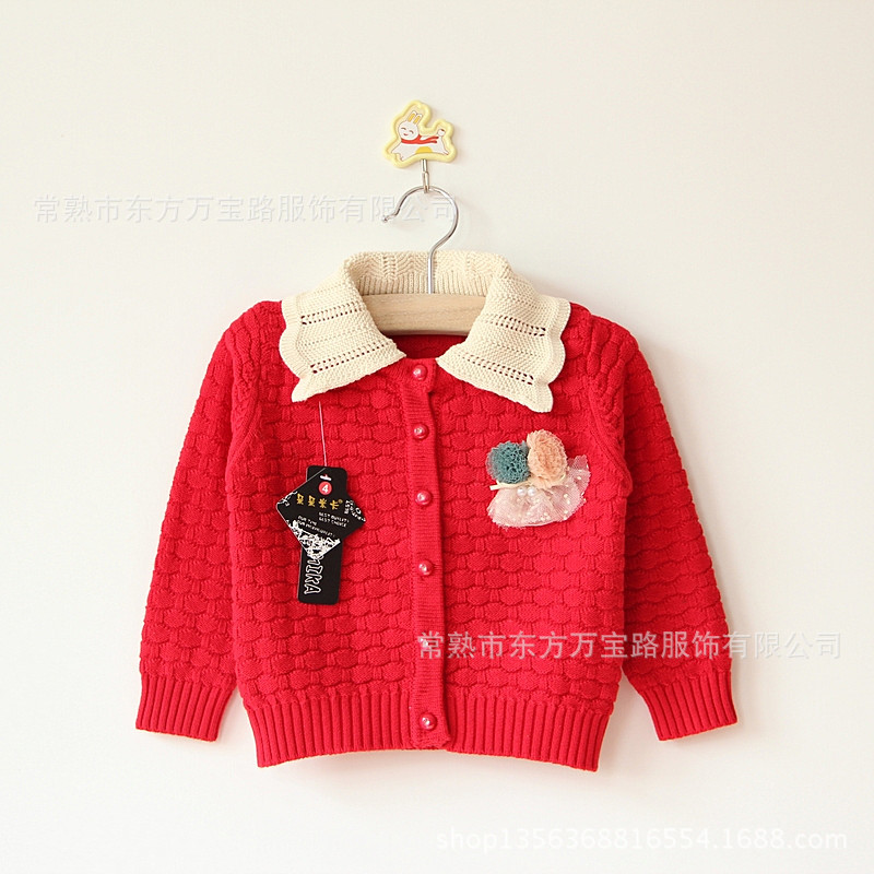 外贸童装批发 女童 手工<em>勾花</em>花朵装饰珍珠<em>开衫</em>