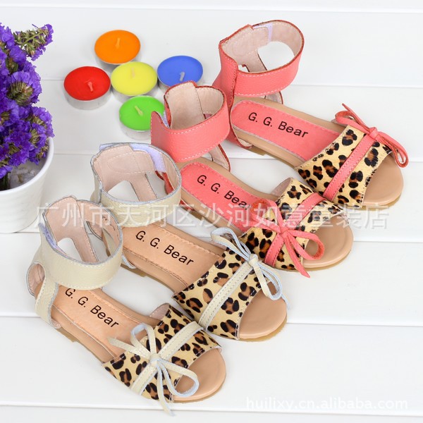 新款 头层牛皮荔枝纹马毛豹纹蝴蝶结高帮女童凉鞋靴55元 910-8