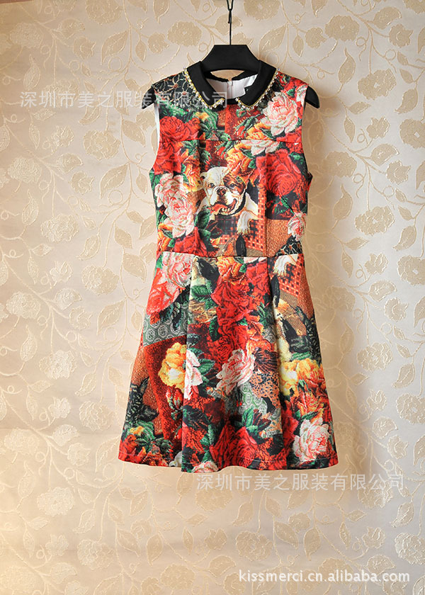 欧洲站2013新款女装娃娃领钉珠宫廷油画风小狗背