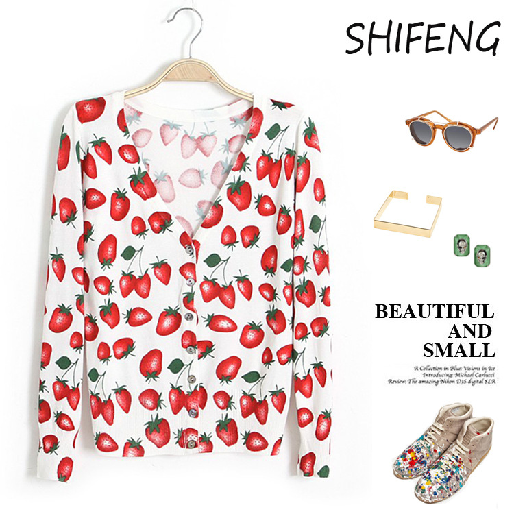 2013秋季新品 欧美<em>外贸</em> 草莓图案<em>长袖针织开衫</em>