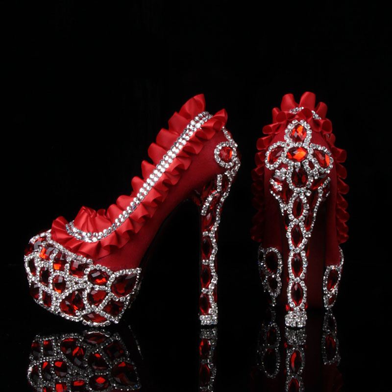 【2013新款红色水晶鞋婚鞋蕾丝公主鞋婚礼鞋