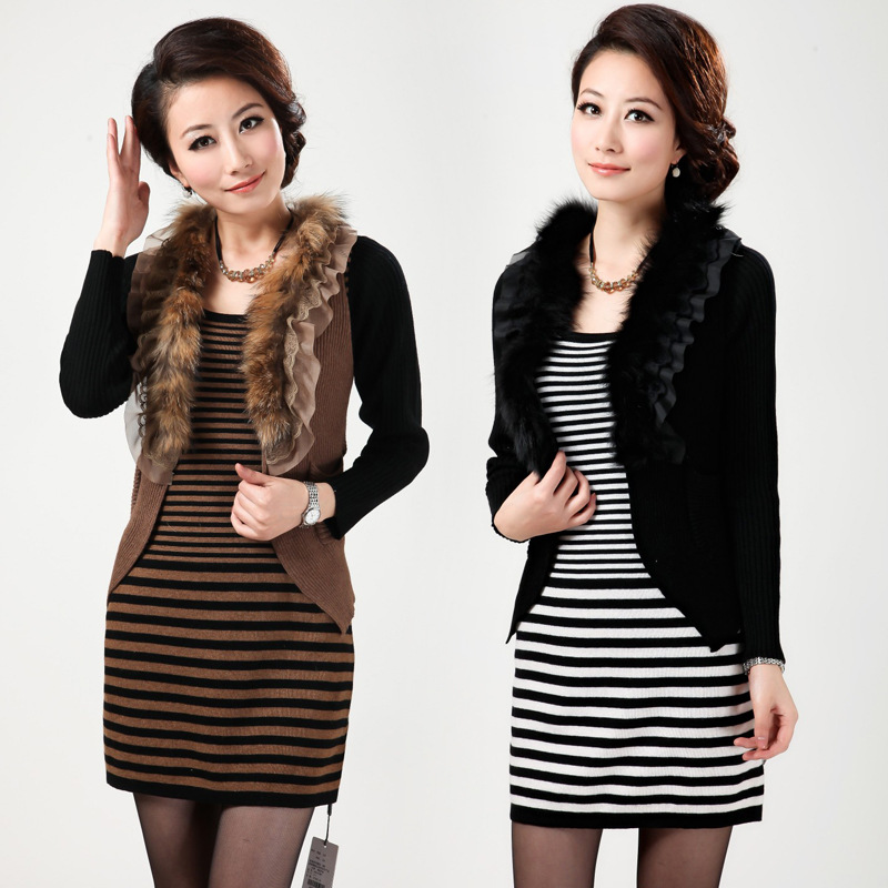 厂家直销 韩版毛衣两件套中<em>长款</em>狐狸<em>毛领开衫</em>