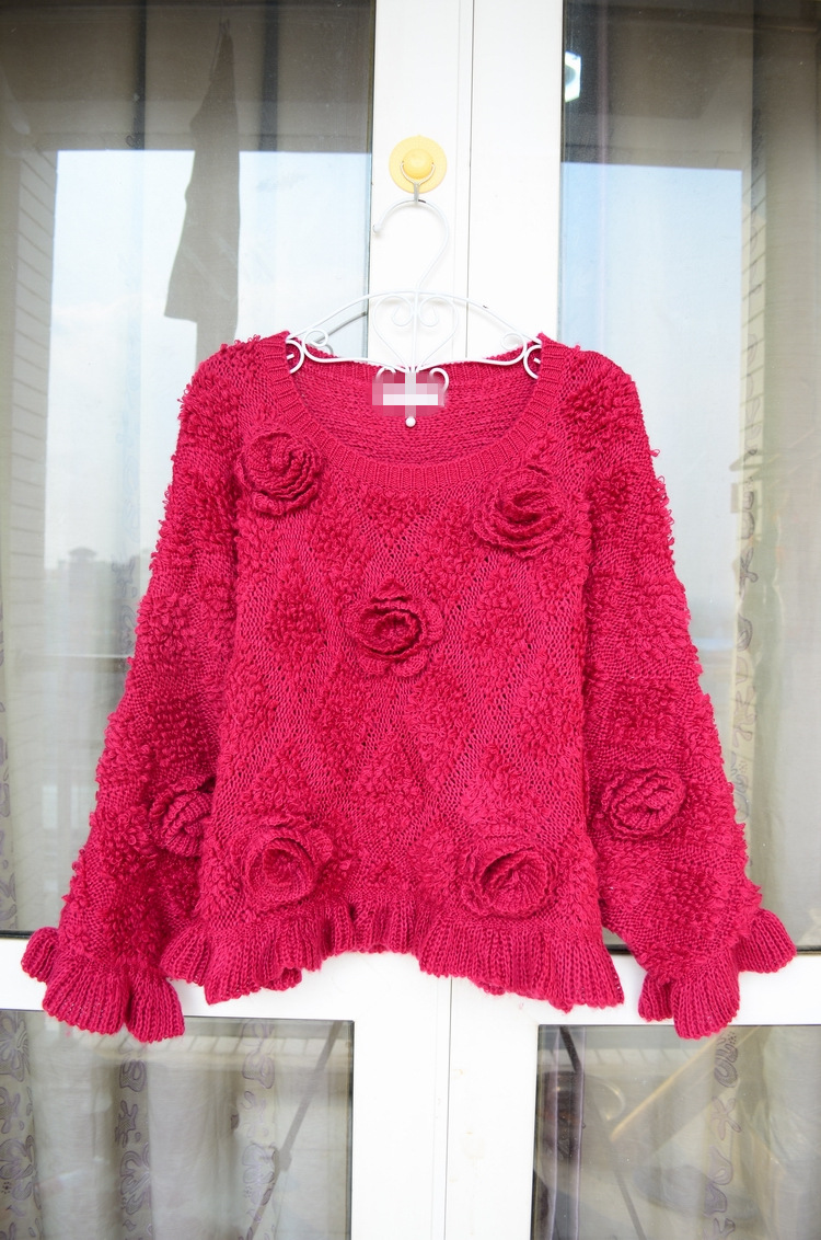 秋冬新款 vivi最新 纯手工 3d立体玫瑰花朵 高腰荷叶边针织衫毛衣