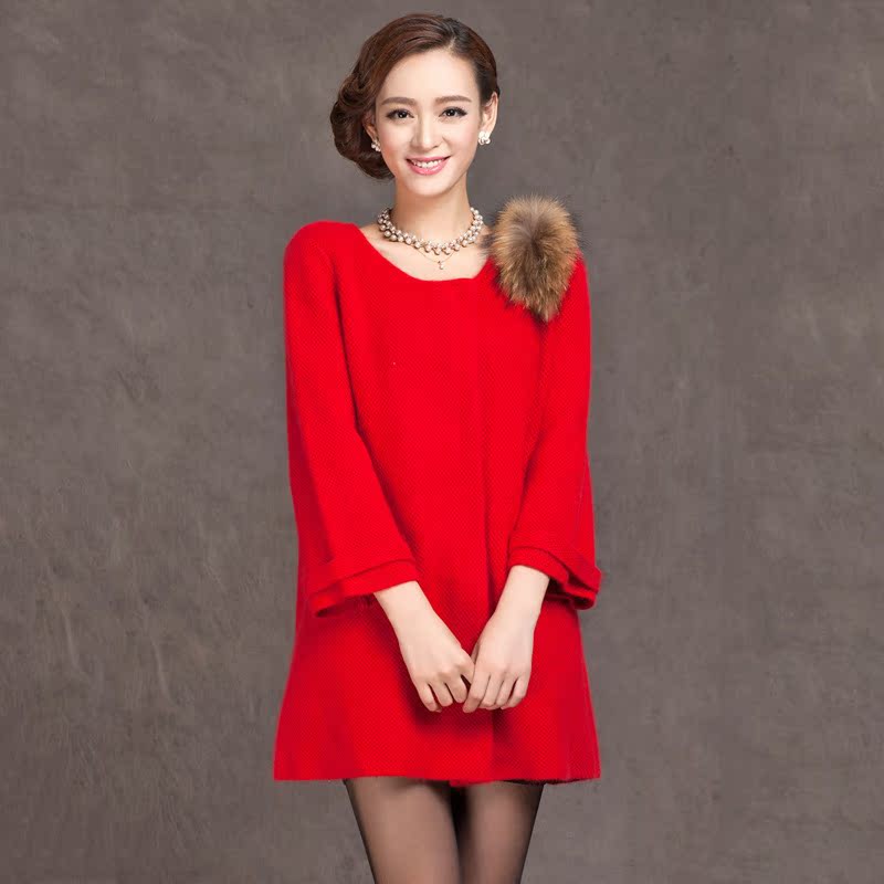 2014年秋冬新款七分袖<em>圆领</em>中长款<em>女士</em>貂绒外