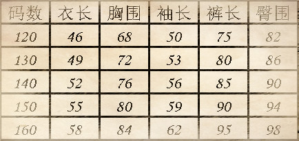 秋款尺寸表