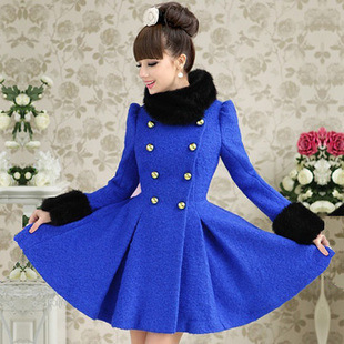 寶藍色黑毛領雙排扣收腰顯瘦大擺毛呢女裝加厚毛呢長款大衣外套 免運費