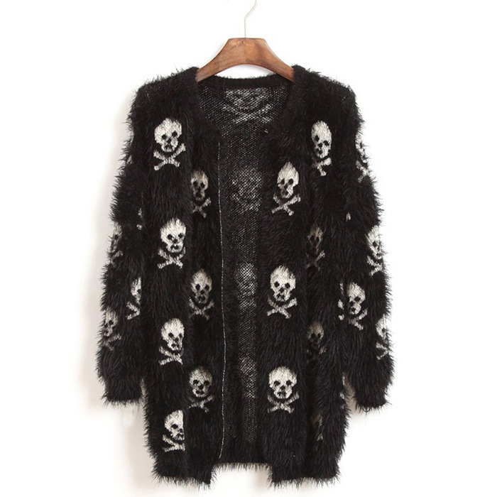 新款女式骷髅图案中款长袖<em>马海毛针织衫开衫</em>毛
