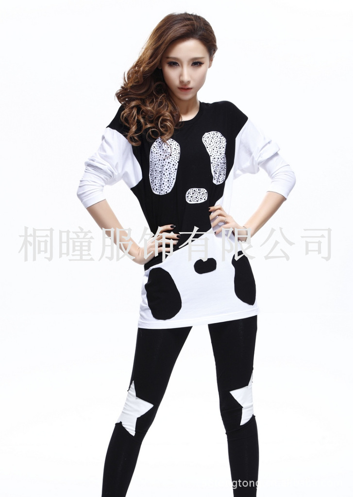 固苏玛<em>时尚</em>休闲<em>女装可爱</em>熊猫黑白配色圆领女式