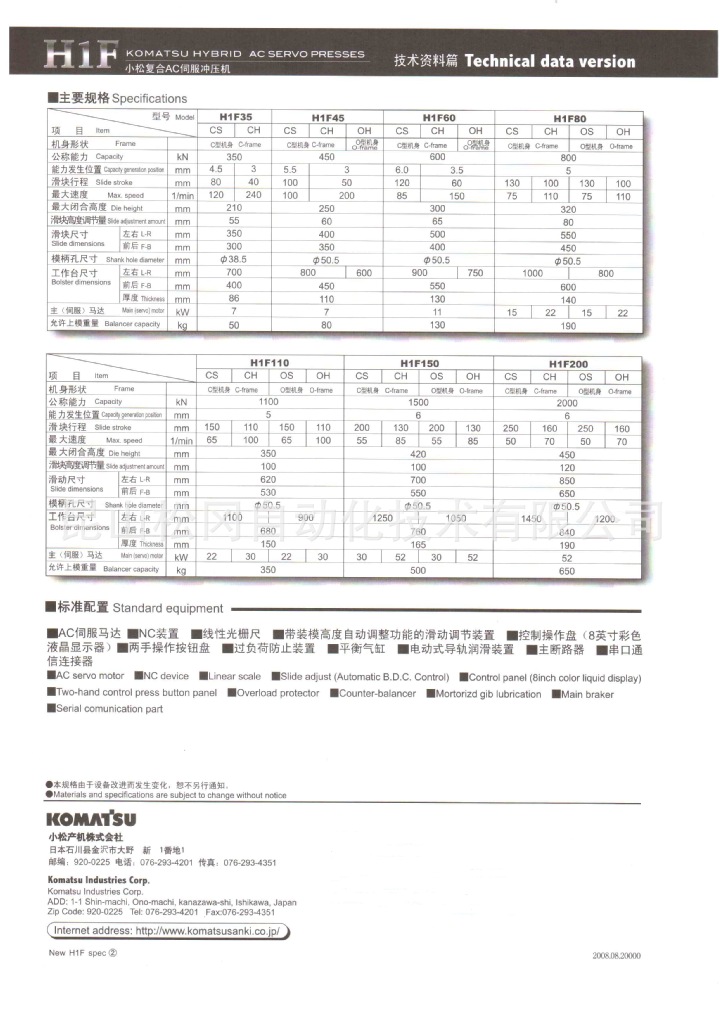 小松冲床 H1F系列35T~200T 日本小松冲床 复合型AC伺服冲压机床