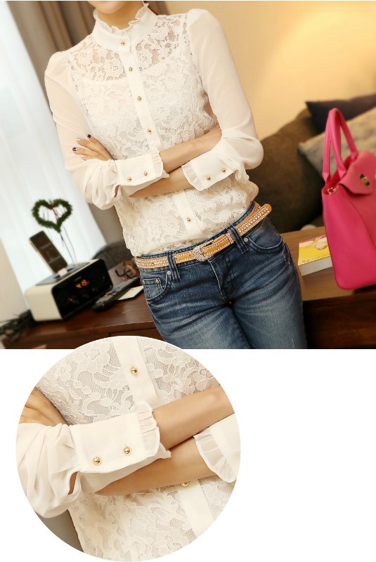 日系风蕾丝拼接镂空<em>长袖衬衫</em>小<em>立领开衫荷叶边</em>
