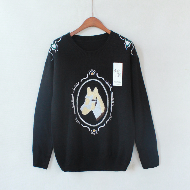 韩版<em>复古绣花</em>刺绣马头<em>图案</em>圆领套头长袖打底针