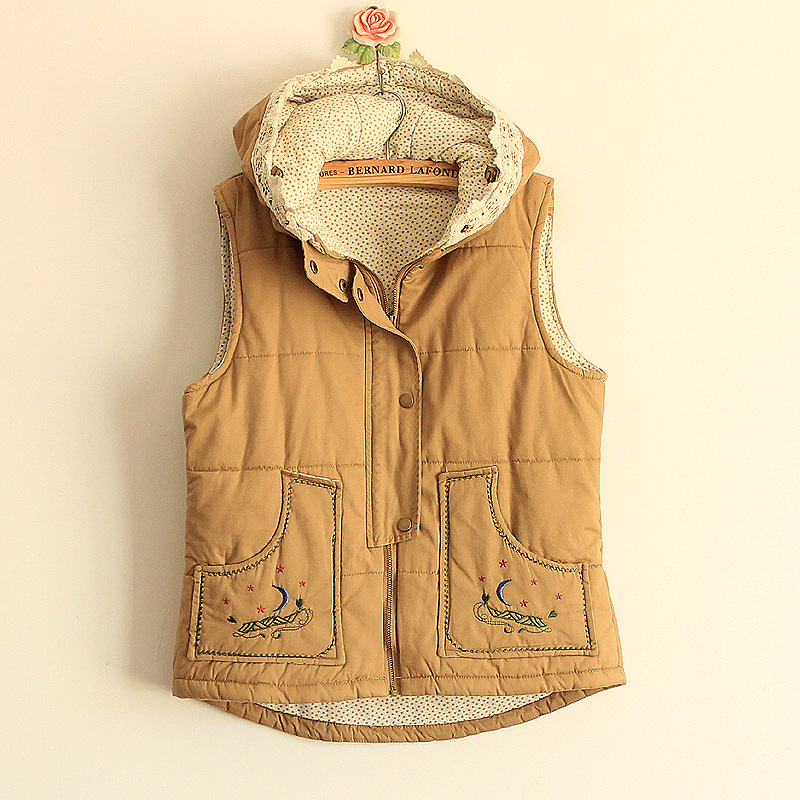 2013秋裝新款日系森林系休閒百搭刺繡月亮口袋女式夾棉背心馬甲工廠,批發,進口,代購