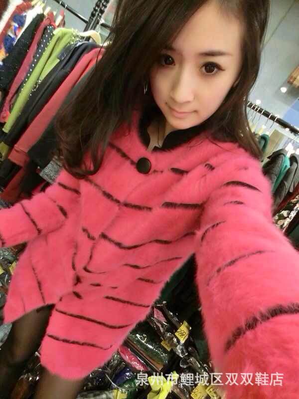 韩版撞色条纹<em>貂绒开衫中长款</em>皮草外套百搭修身