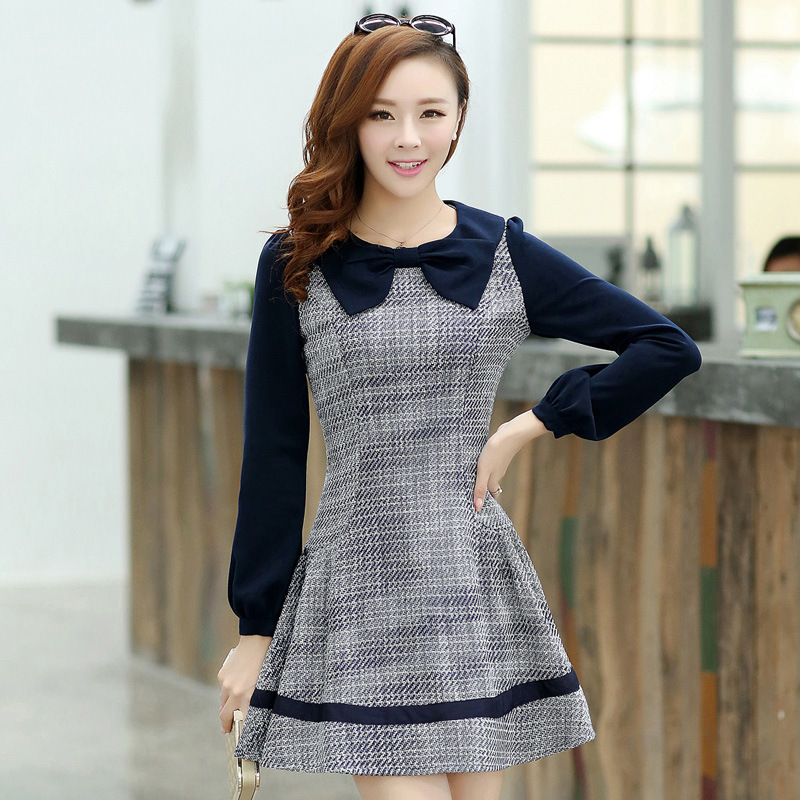 春秋裝氣質蝴蝶結燈籠袖拼接千鳥格子長袖毛呢打底裙 連衣裙 免運費