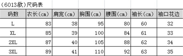 6013款尺碼表