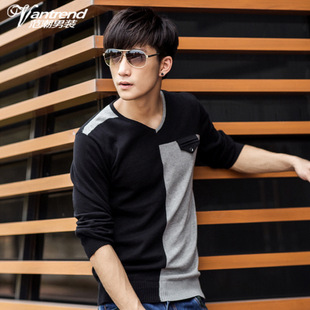 范潮 秋冬新品<em>男士毛衣</em> <em>韩版</em>潮流拼接<em>毛衣</em> 男时
