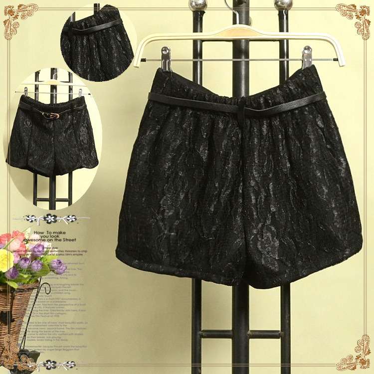 【2013新款 复古毛呢<em>短裤</em>女<em>款冬</em>蕾丝刺绣裤子