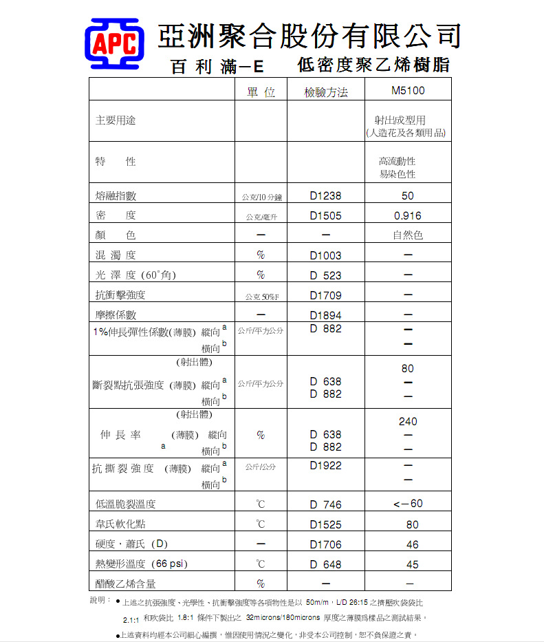 ldpe台湾亚聚/m5100物性表(物理参数)