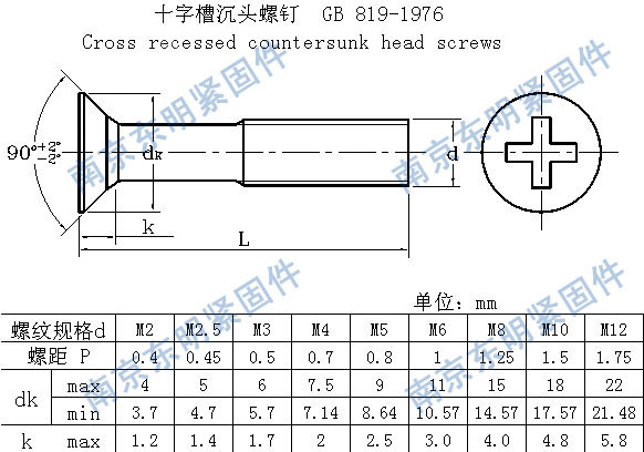 南京东明 gb819十字槽沉头机螺钉 不锈钢沉头螺钉m2-m8