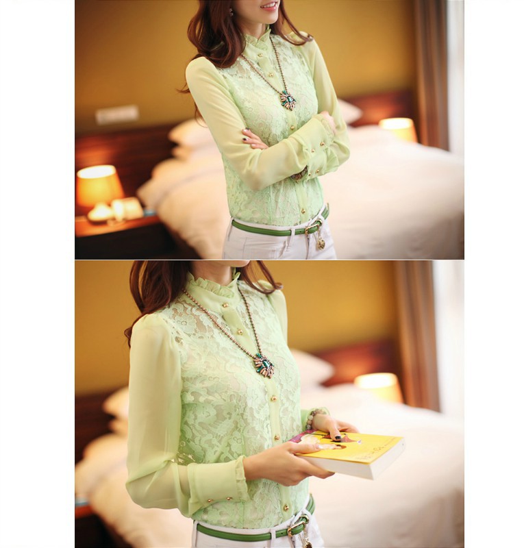 【日系风蕾丝拼接镂空<em>长袖衬衫</em>小<em>立领开衫荷叶</em>