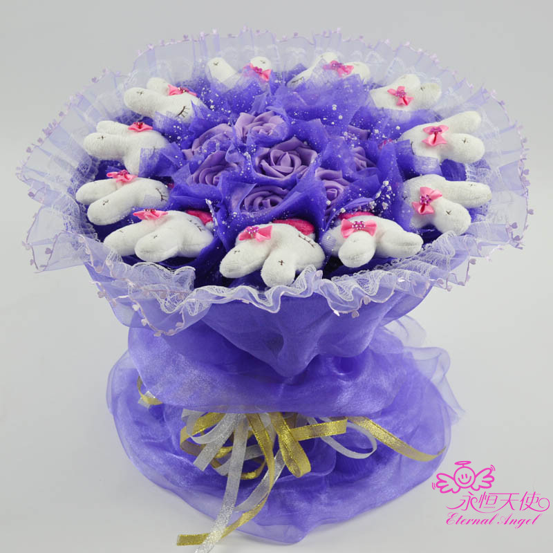 11只卡通花束兔子 紫色玫瑰花 节庆婚庆用品 精
