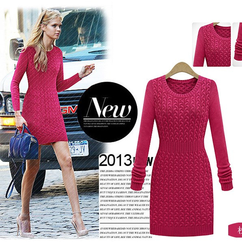 欧美冬季新款显瘦收腰圆领女式<em>长袖毛衣</em>女裙连