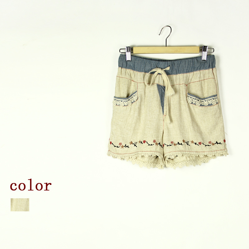 2013春夏新款日系韓版女裝原單 高檔甜美百搭亞麻刺繡短褲工廠,批發,進口,代購